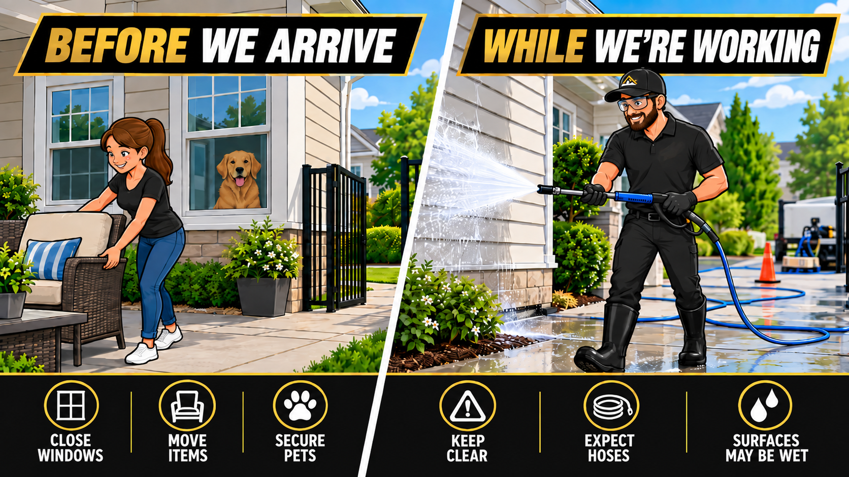 Illustrated service-day guide showing how homeowners can prepare before Patella Exteriors arrives and what to expect during exterior cleaning.